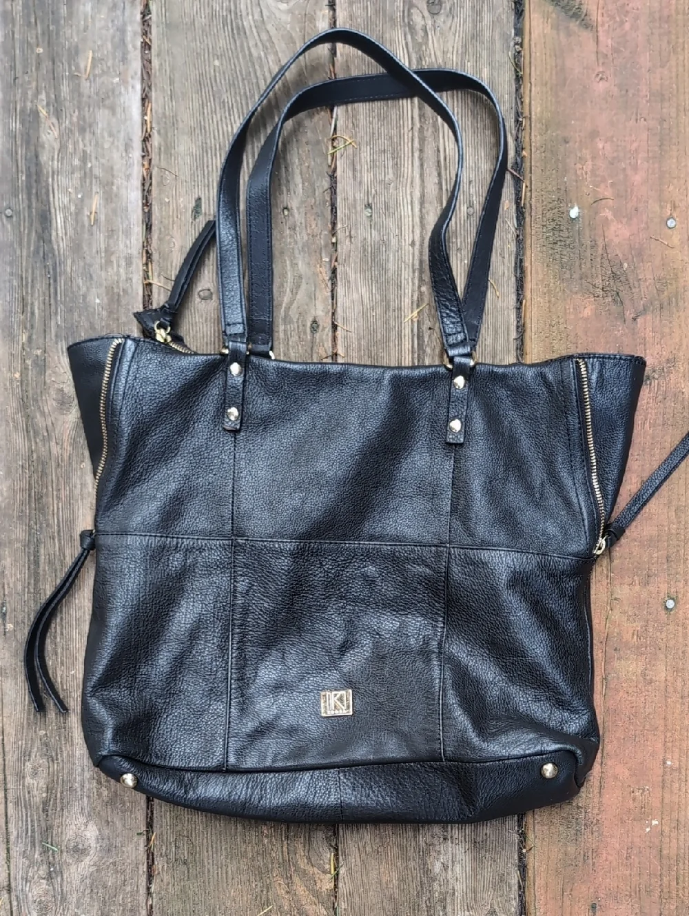 Kooba Black Pebbled Leather Squares Tote Shoulder Bag with Gold Hardware